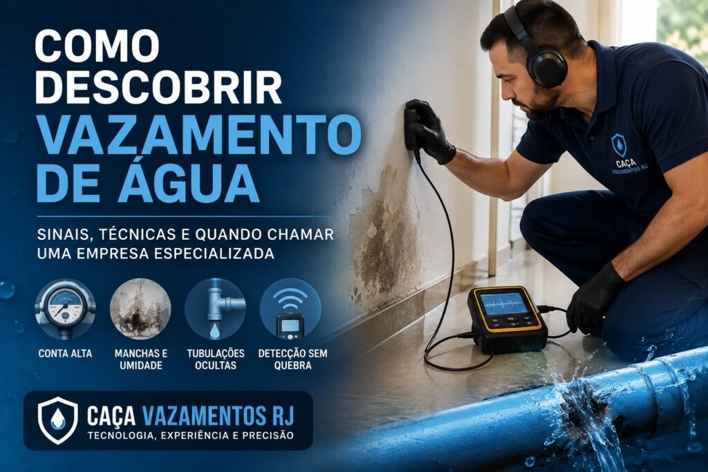 Como descobrir vazamento de água? Técnico especializado realizando caça vazamento com equipamento eletrônico para descobrir vazamento de água oculto sem quebra