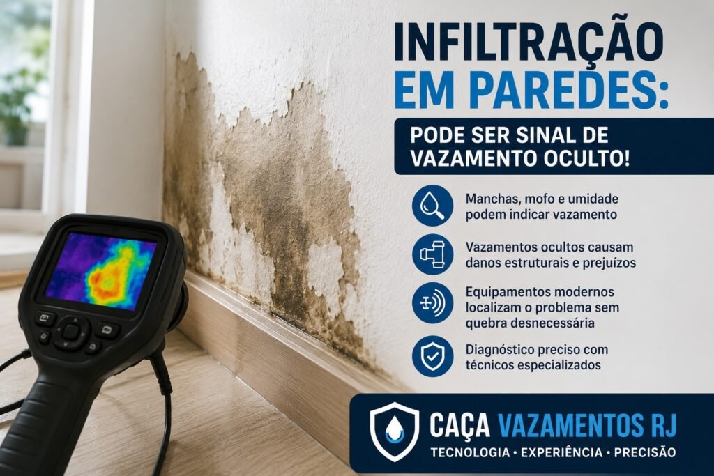 Tag ALT sugerida: Infiltração em parede com manchas de umidade sendo analisada com câmera térmica para detectar vazamento oculto