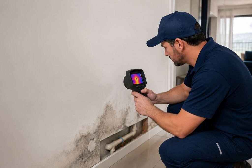 Técnico da Caça Vazamento RJ usando câmera termográfica para detectar vazamento de água e infiltração em parede de residência