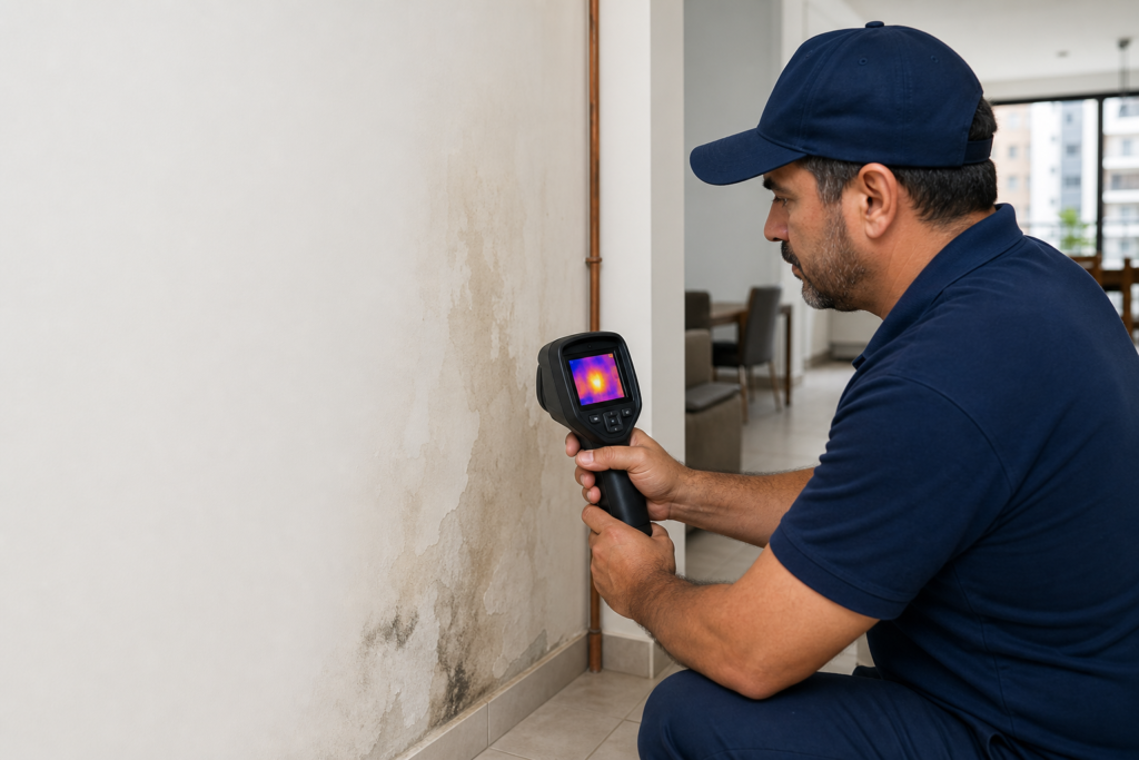 Técnico da Caça Vazamento RJ, com polo azul-marinho, usando câmera termográfica profissional para investigar infiltração e vazamento oculto em parede residencial com mancha de umidade e mofo