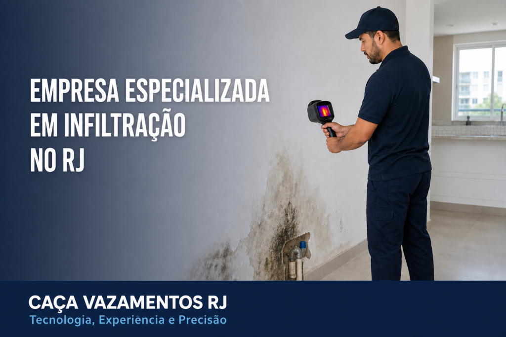 Técnico usa câmera termográfica diante de parede com umidade; capa traz título à esquerda e barra azul da Caça Vazamentos RJ