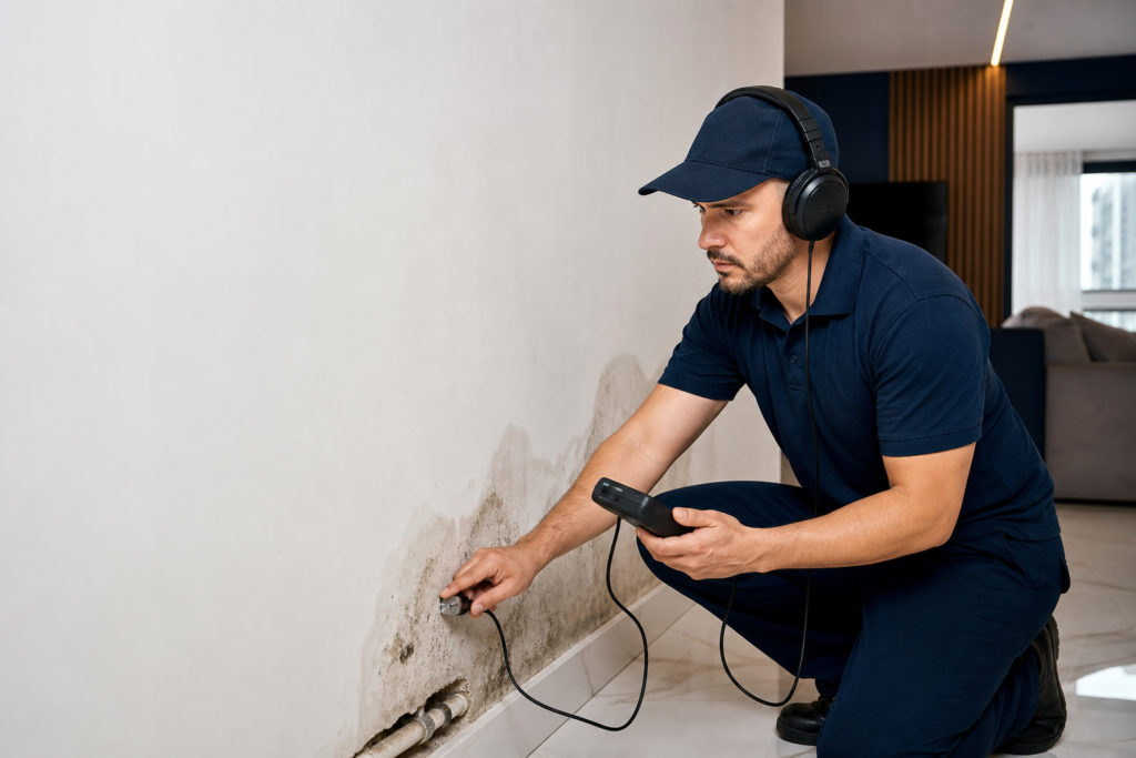 Técnico de caça vazamento com uniforme azul-marinho usando geofone acústico e fones para localizar infiltração em parede residencial